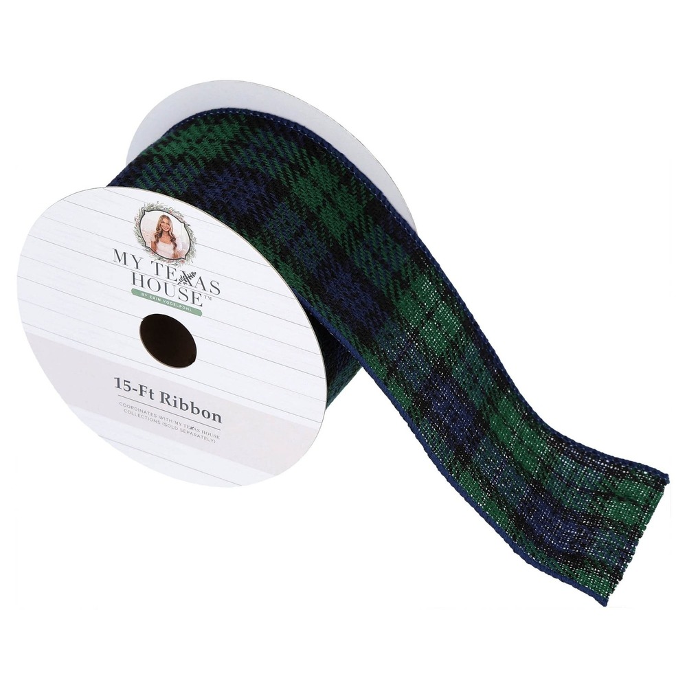My Texas House Blue and Green Plaid Christmas Ribbon, 2.5" x 15'